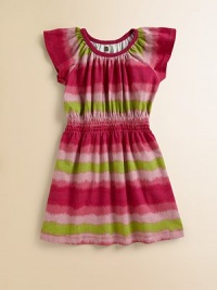 Fuzzy-edged stripes in colors from bright to pastel are delightful on a sweet and easy knit dress with flutter sleeves.Round band neckline with soft gatheringShort flutter raglan sleevesWide smocked waistPullover stylingCottonMachine washImported Fuzzy-edged stripes in colors from bright to pastel are delightful on a sweet and easy knit dress with flutter sleeves.Round band neckline with soft gatheringShort flutter raglan sleevesWide smocked waistPullover stylingCottonMachine washImported