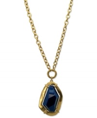 An abstract blue resin stone gives T Tahari's Soho Chic collection necklace an organic feel. Nickel-free for sensitive skin. Crafted in 14k gold-plated mixed metal. Approximate length: 32 inches. Approximate drop: 1-5/8 inches.