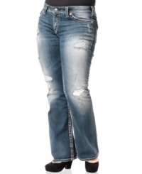 Rock an edgy look with Silver Jeans' plus size bootcut jeans, flaunting a distressed finish. Rock an edgy look with Silver Jeans' plus size bootcut jeans, flaunting a distressed finish.