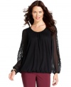 Alfani's plus size peasant top is sheer brilliance with lacy sleeves and a flattering fit.