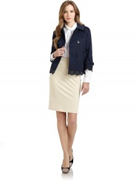 THE LOOKShirt collarDouble breasted front button closureLong sleeves with buckle tab detailScalloped eyelet cuffsSide seam pocketsScalloped eyelet hemTHE FITAbout 22 from shoulder to hemTHE MATERIALCotton/elastaneFully linedCARE & ORIGINDry cleanImportedModel shown is 5'9 (175cm) wearing US size 4. THE LOOKShirt collarDouble breasted front button closureLong sleeves with buckle tab detailScalloped eyelet cuffsSide seam pocketsScalloped eyelet hemTHE FITAbout 22 from shoulder to hemTHE MATERIALCotton/elastaneFully linedCARE & ORIGINDry cleanImportedModel shown is 5'9 (175cm) wearing US size 4.