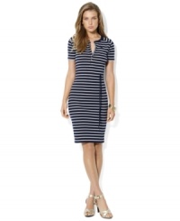 Inspired by the classic Henley, Lauren Ralph Lauren's chic striped cotton dress is accented with subtle chambray details, antique brass buttons and a figure-flattering tie at the waist. Inspired by the classic Henley, Lauren Ralph Lauren's chic striped cotton dress is accented with subtle chambray details, antique brass buttons and a figure-flattering tie at the waist.