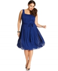 Adrianna Papell's plus size A-line dress is readied for spring with a sheer, zigzag knit overlay and sweet self-tie bow at the waist. (Clearance) Adrianna Papell's plus size A-line dress is readied for spring with a sheer, zigzag knit overlay and sweet self-tie bow at the waist. (Clearance)