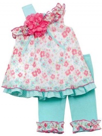 Rare Editions Girls 2T-6x Aqua Pink Flower 1-Shoulder Capri set, 2T