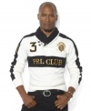 A sleek shawl-collar pullover celebrating the St. Moritz Polo World Cup on Snow has sporty yet sophisticated style with bold stripes, a metallic PRL CLUB logo and a snow polo crest.