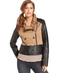 With a two-tone design, this Bar III motorcycle jacket is a hot topper for fall! With a two-tone design, this Bar III motorcycle jacket is a hot topper for fall!