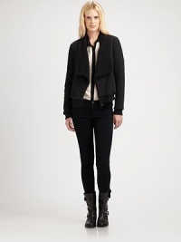 The cropped bomber updated in a shapely open-front style finished with faux sherpa shag at the lapels.Shawl lapelsOpen frontRibbed trimAbout 26 from shoulder to hem95% cotton/5% spandexDry cleanMade in USAModel shown is 5'10 (177cm) wearing US size Small. The cropped bomber updated in a shapely open-front style finished with faux sherpa shag at the lapels.Shawl lapelsOpen frontRibbed trimAbout 26 from shoulder to hem95% cotton/5% spandexDry cleanMade in USAModel shown is 5'10 (177cm) wearing US size Small.