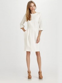Architectural tailoring adds a modern edge to this minimalist sheath.Jewel necklineTaping at shouldersCuffed three-quarter sleevesElastic waistbandPleated skirtSide pocketsCenter back zipperAbout 19 from natural waist60% silk/40% linenDry cleanImportedModel shown is 5'9 (175cm) wearing US size 4. Architectural tailoring adds a modern edge to this minimalist sheath.Jewel necklineTaping at shouldersCuffed three-quarter sleevesElastic waistbandPleated skirtSide pocketsCenter back zipperAbout 19 from natural waist60% silk/40% linenDry cleanImportedModel shown is 5'9 (175cm) wearing US size 4.
