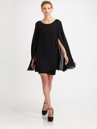 A sophisticated sheath shaped with a fashion-forward sheer cape overlay.BoatneckCape overlayExposed back zip closureAbout 21 from natural waistSilkDry cleanImportedModel shown is 5'9½ (176cm) wearing US size 4. A sophisticated sheath shaped with a fashion-forward sheer cape overlay.BoatneckCape overlayExposed back zip closureAbout 21 from natural waistSilkDry cleanImportedModel shown is 5'9½ (176cm) wearing US size 4.