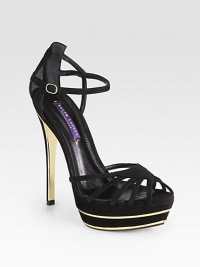 A modern cage silhouette rendered in rich Italian suede with gleaming metallic leather accents. Suede and metallic leather heel, 5¼ (130mm)Suede and metallic leather platform, 1½ (40mm)Compares to a 3¾ heel (95mm)Suede upperAdjustable ankle strapLeather lining and solePadded insoleMade in Italy