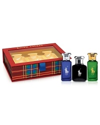 Discover the World of Polo this fall with the Polo Ralph Lauren Men's Fragrance Collection. Coffret includes a 1.3 oz. Polo Black Eau de Toilette, along with 1 oz. Polo Blue and Polo Classic travel sprays. Discover the World of Polo this fall with the Polo Ralph Lauren Men's Fragrance Collection. Coffret includes a 1.3 oz. Polo Black Eau de Toilette, along with 1 oz. Polo Blue and Polo Classic travel sprays.