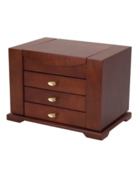 Keep your most valuable treasures safe inside the Amelia jewelry chest from Reed & Barton. A hand-rubbed cherry finish and brass knobs lend richness to the exterior while three drawers and side doors with catch shelves ensure all your trinkets stay organized and tangle-free. Keep your most valuable treasures safe inside the Amelia jewelry chest from Reed & Barton. A hand-rubbed cherry finish and brass knobs lend richness to the exterior while three drawers and side doors with catch shelves ensure all your trinkets stay organized and tangle-free.