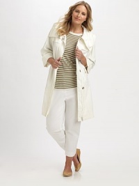 A fashion-forward collar flawlessly unites with classic trenchcoat details, including a waist-defining self belt.Oversized, fold-over collarGunflapsSnap closureFront zipperSelf-tie beltZipper pocketsRainflapAbout 37 from shoulder to hem74% linen/26% polyurethaneMachine washImported of Italian fabric A fashion-forward collar flawlessly unites with classic trenchcoat details, including a waist-defining self belt.Oversized, fold-over collarGunflapsSnap closureFront zipperSelf-tie beltZipper pocketsRainflapAbout 37 from shoulder to hem74% linen/26% polyurethaneMachine washImported of Italian fabric