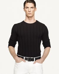 Elegantly rendered in a wide-ribbed knit from Italian merino wool, a trim-fitting crewneck sweater embodies modern sophistication with sleek horn buttons at the shoulder. Elegantly rendered in a wide-ribbed knit from Italian merino wool, a trim-fitting crewneck sweater embodies modern sophistication with sleek horn buttons at the shoulder.