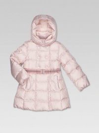 A pretty, down-filled, quilted topper in GG jacquard waterproof nylon with signature web detail and bow at the waist.Attached double-snap hoodStand up collarLong sleevesDouble-breasted snap-frontFlap pockets with metal horsebit and pleatsWaistband with inset elastic self beltTwo angled slash pocketsFully linedPolyamideDown fillDry cleanMade in Italy Please note: Number of snaps may vary depending on size ordered. A pretty, down-filled, quilted topper in GG jacquard waterproof nylon with signature web detail and bow at the waist.Attached double-snap hoodStand up collarLong sleevesDouble-breasted snap-frontFlap pockets with metal horsebit and pleatsWaistband with inset elastic self beltTwo angled slash pocketsFully linedPolyamideDown fillDry cleanMade in Italy Please note: Number of snaps may vary depending on size ordered.