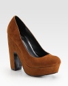 Alluring suede design with a chunky heel and low-cut front. Self-covered heel, 5 (125mm)Covered platform, 1 (25mm)Compares to a 4 heel (100mm)Suede upperLeather liningRubber solePadded insoleImported