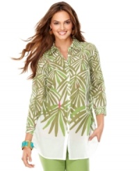 A crisp button-down shirt is pepped up with a vibrant palm fronds print in this Charter Club look. A crisp button-down shirt is pepped up with a vibrant palm fronds print in this Charter Club look.