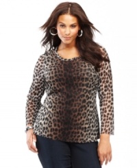 The wilder, the better when it comes to INC's plus size leopard-print top! Sheer sleeves give this piece a seductive look. The wilder, the better when it comes to INC's plus size leopard-print top! Sheer sleeves give this piece a seductive look.