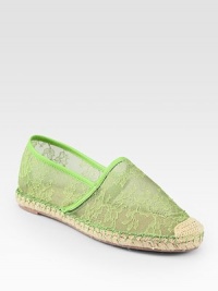 Italian semi-sheer floral lace lends feminine style to this comfortable go-to, with smooth leather trim and textured rope edging. Lace and woven canvas upper with leather trimLeather liningRubber solePadded insoleMade in Italy