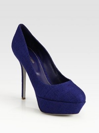 Elaborate canvas style with a platform and ultra-high heel. Self-covered heel, 5 (125mm)Covered platform, 1 (25mm)Compares to 4 heel (100mm)Canvas upperLeather lining and solePadded insoleMade in ItalyOUR FIT MODEL RECOMMENDS ordering one half size up as this style runs small. Elaborate canvas style with a platform and ultra-high heel. Self-covered heel, 5 (125mm)Covered platform, 1 (25mm)Compares to 4 heel (100mm)Canvas upperLeather lining and solePadded insoleMade in ItalyOUR FIT MODEL RECOMMENDS ordering one half size up as this style runs small.