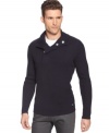 Armani Jeans does a body-hugging ribbed sweater with a snap collar that takes it totally out of the ordinary.