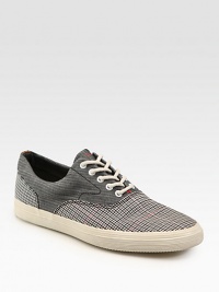 Lace-up design in suede and canvas detailed with textured stripe and gingham print detail.Suede upperLeather liningPadded insoleRubber soleImported Lace-up design in suede and canvas detailed with textured stripe and gingham print detail.Suede upperLeather liningPadded insoleRubber soleImported