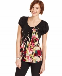 Style&co.'s top has pretty features like a bright floral print and pleating at the neckline. So easy to pair with everything from cropped skinny pants to jeans! Style&co.'s top has pretty features like a bright floral print and pleating at the neckline. So easy to pair with everything from cropped skinny pants to jeans!