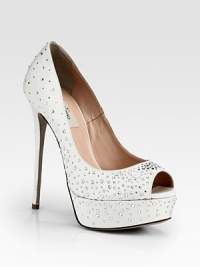Twinkling crystals add shimmer to this towering peep toe silhouette in luxe Italian satin. Self-covered heel, 5½ (140mm)Covered platform, 1¼ (30mm)Compares to a 4¼ heel (110mm)Crystal-coated satin upperPeep toeLeather lining and solePadded insoleMade in Italy Twinkling crystals add shimmer to this towering peep toe silhouette in luxe Italian satin. Self-covered heel, 5½ (140mm)Covered platform, 1¼ (30mm)Compares to a 4¼ heel (110mm)Crystal-coated satin upperPeep toeLeather lining and solePadded insoleMade in Italy