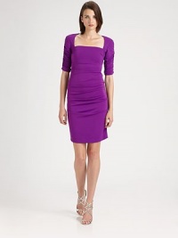 Finespun stretch matte jersey, tailored with a square neckline and an alluring back cutout.Square necklineRuched elbow-length sleevesTucked side detailsBack keyhole button closureFully linedAbout 24 from natural waist68% acetate/27% polyester/5% spandexDry cleanMade in USA of imported fabricModel shown is 5'11 (180cm) wearing US size Small. Finespun stretch matte jersey, tailored with a square neckline and an alluring back cutout.Square necklineRuched elbow-length sleevesTucked side detailsBack keyhole button closureFully linedAbout 24 from natural waist68% acetate/27% polyester/5% spandexDry cleanMade in USA of imported fabricModel shown is 5'11 (180cm) wearing US size Small.