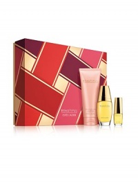 Make all her days Beautiful, at home or away. It's the fragrance of a thousand flowers. Romantic. Tender. Memorable. Here in a precious, limited-time collection including three perfumed favorites in an exclusive gift box. Includes Eau de Parfum Spray 1 oz., Perfumed Body Lotion 3.4 oz., and Eau de Parfum Purse Spray 0.16 oz. Make all her days Beautiful, at home or away. It's the fragrance of a thousand flowers. Romantic. Tender. Memorable. Here in a precious, limited-time collection including three perfumed favorites in an exclusive gift box. Includes Eau de Parfum Spray 1 oz., Perfumed Body Lotion 3.4 oz., and Eau de Parfum Purse Spray 0.16 oz.