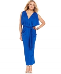Maggy London elevates the maxi dress by adding dazzling details--a double V-neck at the front and back, a dramatic dolman-style effect at the arms and decadent draping through the bodice. Maggy London elevates the maxi dress by adding dazzling details--a double V-neck at the front and back, a dramatic dolman-style effect at the arms and decadent draping through the bodice.