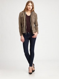 Get the layered look with this safari-inspired style, cropped and fitted for a slightly shrunken silhouette.Attached zip-front hoodieEpaulettesButton frontChest pocketsHip pockets70% cotton/27% linen/3% spandexDry cleanImportedModel shown is 5'9½ (177cm) wearing US size Small. Get the layered look with this safari-inspired style, cropped and fitted for a slightly shrunken silhouette.Attached zip-front hoodieEpaulettesButton frontChest pocketsHip pockets70% cotton/27% linen/3% spandexDry cleanImportedModel shown is 5'9½ (177cm) wearing US size Small.