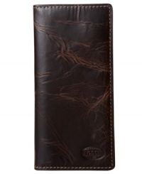 Sophisticated and sleek, this bifold wallet from Fossil also has vintage detailing to give it a rugged, worn-in look. Sophisticated and sleek, this bifold wallet from Fossil also has vintage detailing to give it a rugged, worn-in look.