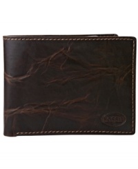 This leather wallet from Fossil is a heritage-inspired classic for your cash-and-card carrying needs. This leather wallet from Fossil is a heritage-inspired classic for your cash-and-card carrying needs.