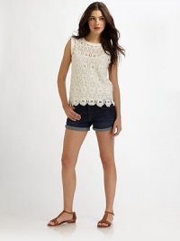A charming layered topper crafted from pretty floral lace.Jewel necklineSleevelessScalloped lace hemCamisole liningAbout 22 from shoulder to hem65% cotton/35% nylonDry cleanMade in USA of imported fabricModel shown is 5'8½ (174cm) wearing US size Small. A charming layered topper crafted from pretty floral lace.Jewel necklineSleevelessScalloped lace hemCamisole liningAbout 22 from shoulder to hem65% cotton/35% nylonDry cleanMade in USA of imported fabricModel shown is 5'8½ (174cm) wearing US size Small.