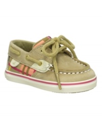 Keep her toes cozy in this cute nubuck boat shoe from Sperry, the perfect first step into preppy style. Keep her toes cozy in this cute nubuck boat shoe from Sperry, the perfect first step into preppy style.