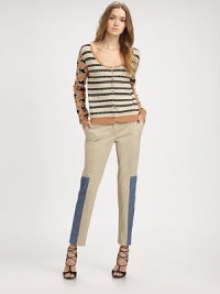 Stripes and prints converge on this charming button-front knit.ScoopneckLong sleevesButton frontRibbed trimAbout 24 from shoulder to hemCottonDry cleanImportedModel shown is 5'9½ (176cm) wearing US size Small. Stripes and prints converge on this charming button-front knit.ScoopneckLong sleevesButton frontRibbed trimAbout 24 from shoulder to hemCottonDry cleanImportedModel shown is 5'9½ (176cm) wearing US size Small.