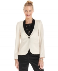 Up your wardrobe's wow factor with Tahari by ASL's cream-colored tuxedo blazer. Contrasting black lapels give this style a sophisticated spin. Up your wardrobe's wow factor with Tahari by ASL's cream-colored tuxedo blazer. Contrasting black lapels give this style a sophisticated spin.
