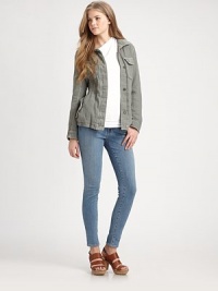 The essential army-inspired jacket updated with a cinched waist in soft, muted cotton.Point collarConcealed button frontChest pocketsElastic waistbandSide pocketsAbout 24 from shoulder to hemCottonMachine washMade in USA of imported fabricModel shown is 5'11 (180cm) wearing US size Small. The essential army-inspired jacket updated with a cinched waist in soft, muted cotton.Point collarConcealed button frontChest pocketsElastic waistbandSide pocketsAbout 24 from shoulder to hemCottonMachine washMade in USA of imported fabricModel shown is 5'11 (180cm) wearing US size Small.