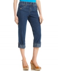 Cool button tabs add a new look to Style&co.'s tummy control denim capris. The cuffed hem gives them an edgy touch, too!
