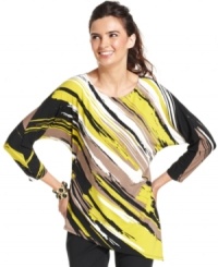 Imbued with artistic inspiration, this printed top from Alfani is a chic way to make a statement. The relaxed silhouette gives the look versatility and style, while an asymmetrical hem and subtle beading keep it modern. Imbued with artistic inspiration, this printed top from Alfani is a chic way to make a statement. The relaxed silhouette gives the look versatility and style, while an asymmetrical hem and subtle beading keep it modern.