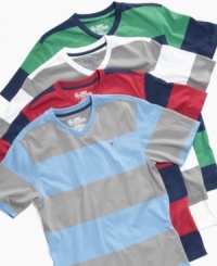 Build out with better basics. These striped v-neck tees from Tommy Hilfiger fill out his closet. Build out with better basics. These striped v-neck tees from Tommy Hilfiger fill out his closet.