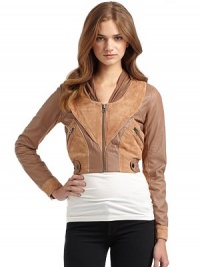 THE LOOKStand collar with jersey panelsFront zip closureLong sleeves with snap cuffsSide zip pocketsPerforated leather detailsElastic waist with snap detailsTHE FITAbout 17 from shoulder to hemCroppedTHE MATERIALLeatherCARE & ORIGINDry clean by a leather specialistImportedOUR FIT MODEL RECOMMENDS ordering one size up as this size runs small. THE LOOKStand collar with jersey panelsFront zip closureLong sleeves with snap cuffsSide zip pocketsPerforated leather detailsElastic waist with snap detailsTHE FITAbout 17 from shoulder to hemCroppedTHE MATERIALLeatherCARE & ORIGINDry clean by a leather specialistImportedOUR FIT MODEL RECOMMENDS ordering one size up as this size runs small.