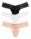 A sexy low-rise thong with a beautiful sheer striped lace waistband and lace trim at legs in basic colors. Cotton gusset. Style #891084