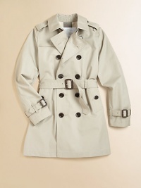 Your little man will love this timeless trench, designed with all the classic touches, for year-round style and protection from the weather.Shoulder epaulettesShirt collarLong sleeves with buckled cuffsDouble-breasted button frontSelf-belt waistSide slash pocketsRainflapBack ventFully linedCottonMachine washImported Please note: Number of buttons may vary depending on size ordered. Your little man will love this timeless trench, designed with all the classic touches, for year-round style and protection from the weather.Shoulder epaulettesShirt collarLong sleeves with buckled cuffsDouble-breasted button frontSelf-belt waistSide slash pocketsRainflapBack ventFully linedCottonMachine washImported Please note: Number of buttons may vary depending on size ordered.