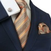 Landisun 38C Light Brown Stripes Mens Silk Tie Set: Tie+Hanky+Cufflinks