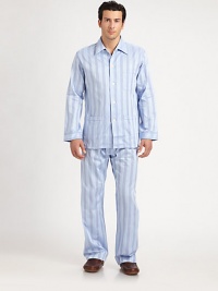 Two-piece set woven in supreme cotton with satin striped finish. Cotton. Machine wash. Imported.SHIRTButton frontChest, hip patch pocketsPANTSide elastic waistInseam, about 31 Two-piece set woven in supreme cotton with satin striped finish. Cotton. Machine wash. Imported.SHIRTButton frontChest, hip patch pocketsPANTSide elastic waistInseam, about 31