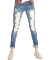 Dress them up or dress them down! Celebrity Pink Jeans' skinny jeans guarantee a great style day thanks to the whiskered light wash and awesome mass destruction.