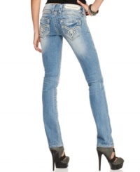 From the whiskered, light wash to the novel stitch design, killer style is in full effect on these skinny jeans from Rock Revival. From the whiskered, light wash to the novel stitch design, killer style is in full effect on these skinny jeans from Rock Revival.