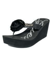 Brilliant idea! A hint of sparkle adds dazzle to GUESS' Sable thong sandals. With a cushy foam-bottom wedge and pretty rosette embellishment, they're a fun footwear choice all summer long. Brilliant idea! A hint of sparkle adds dazzle to GUESS' Sable thong sandals. With a cushy foam-bottom wedge and pretty rosette embellishment, they're a fun footwear choice all summer long.